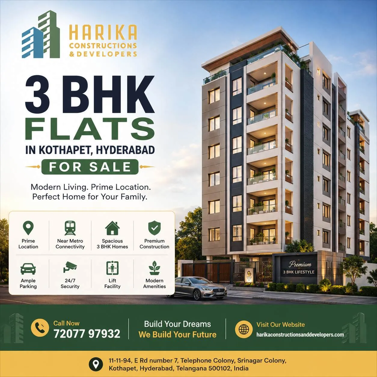 3 BHK Flats in Kothapet Hyderabad for Sale – Premium Homes by Harika Constructions and Developers